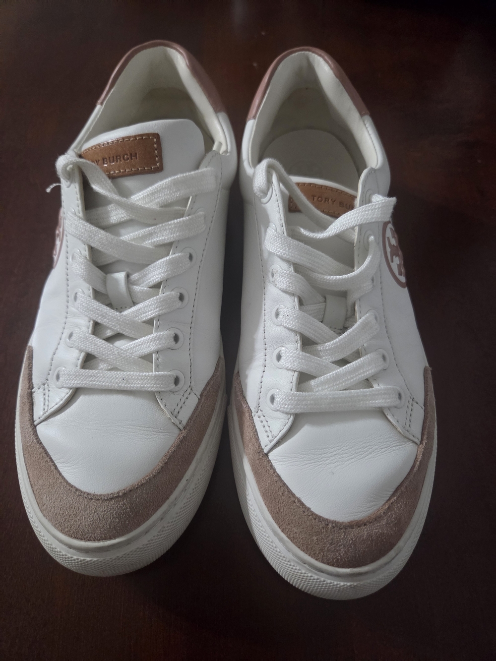 Tory Burch White and Rose Gold Leather Lace-Up Sneakers